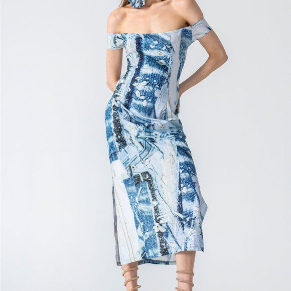 HILDUR YEOMAN The Off Shoulder Dress in Denim Patch - Picture 3 of 14